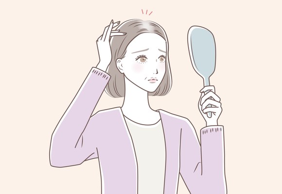 手鏡を見ながら髪を気にする女性のイラスト