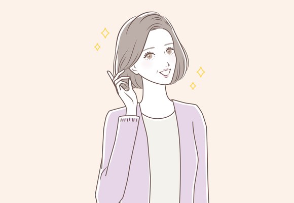 髪に手を添えて笑顔を見せる女性のイラスト