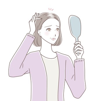 手鏡を見ながら髪を気にする女性のイラスト