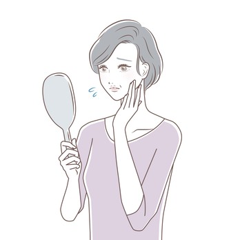 手鏡を持って頬に手を当てる女性のイラスト